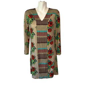 Lisa Corti Dress Rose Floral Long Sleeve Size Medium Brown V-Neck Viscose